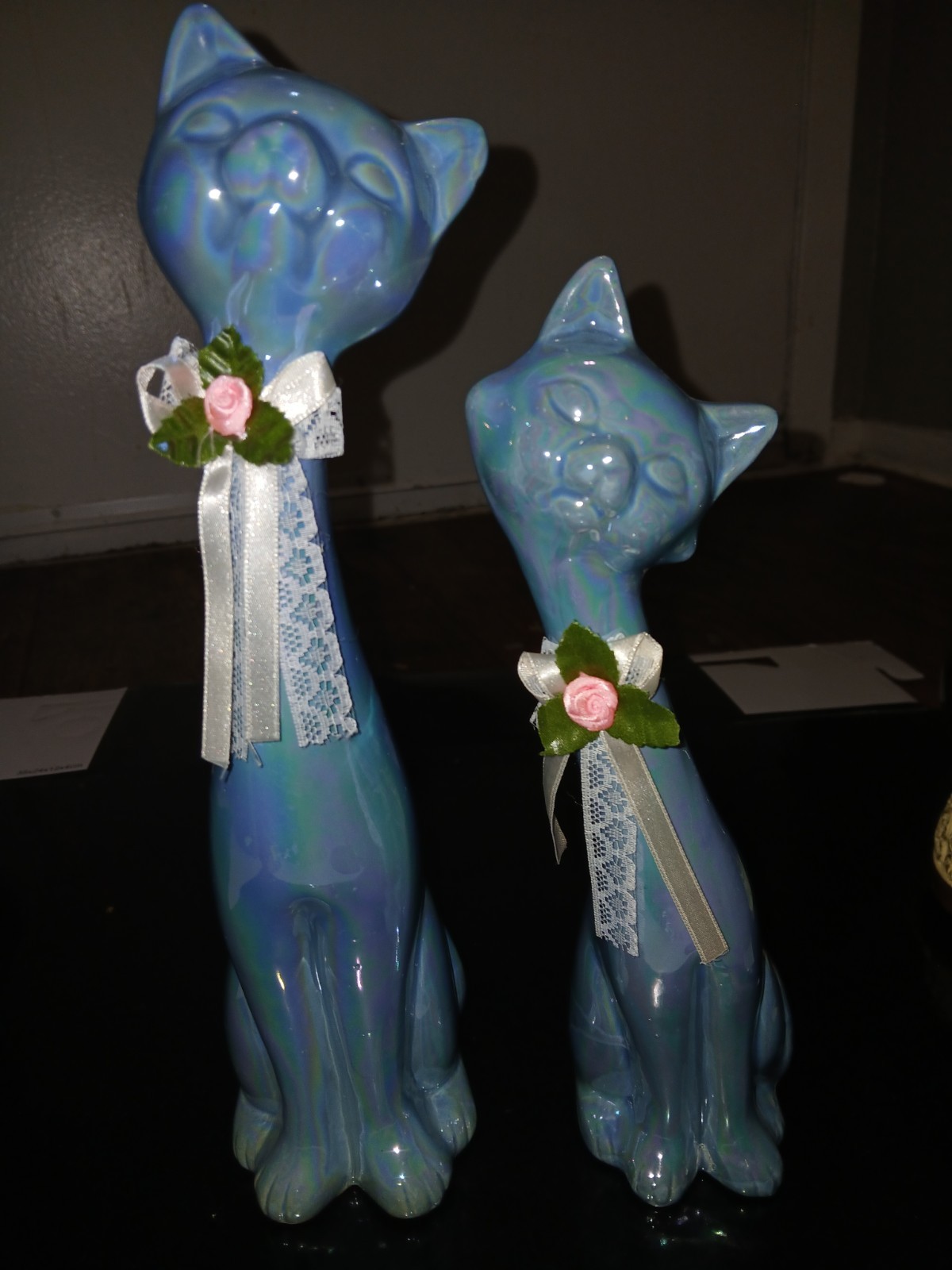 Blue Iridescent Vintage Cat Figurines long Neck Cats Blue Iridescent Vintage Cat Figurines long Neck Cats
