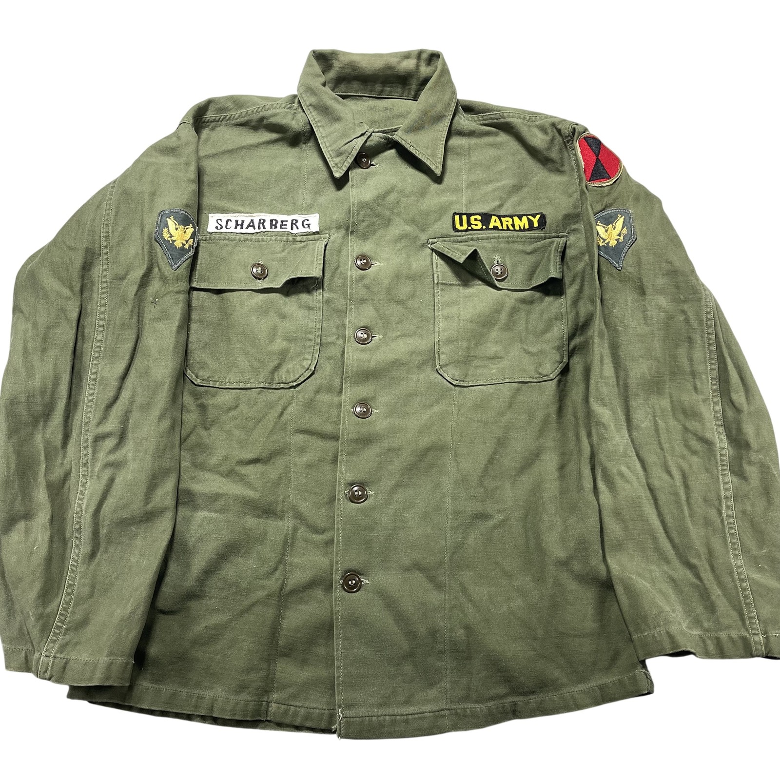 Vintage US Army Shirt Mens Medium Green OG-107 Sateen Vietnam War Patches USA
