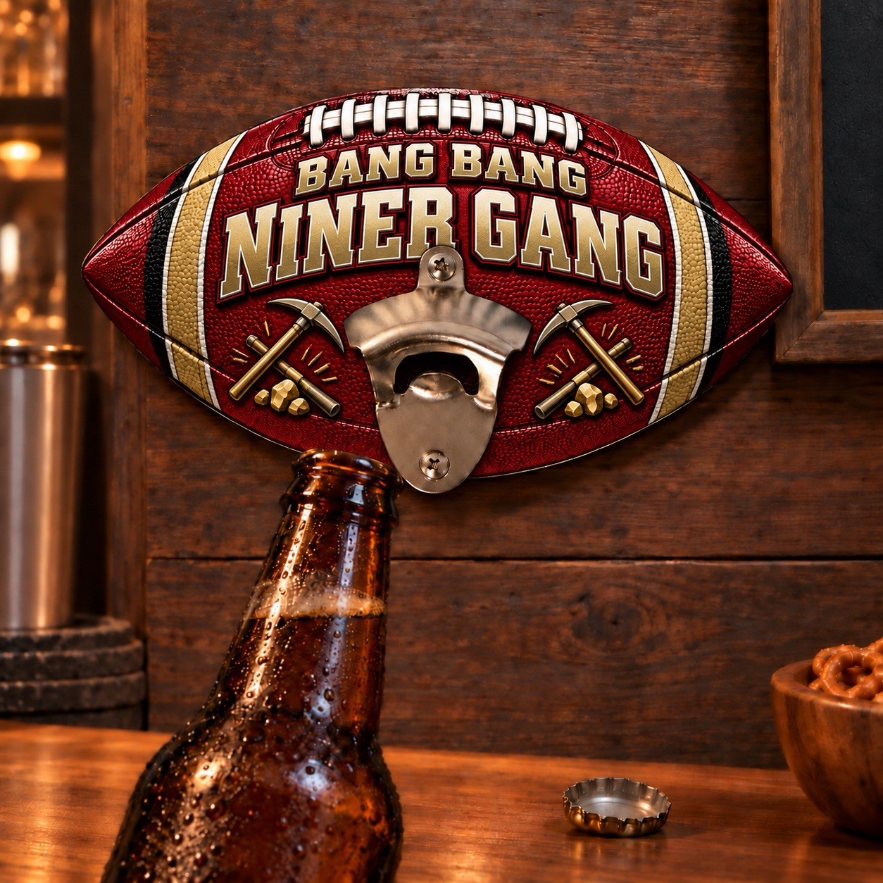 Bang Bang Niner Gang Football Wall Bottle Opener Red Gold Handmade Epoxy Decor