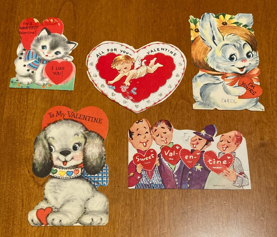 Vintage 1960s Valentine Cards Die Cut Made in USA LOT OF 5 Used Vintage 1960s Valentine Cards Die Cut Made in USA LOT OF 5 Used