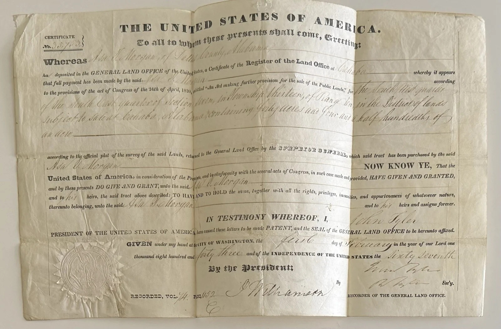1843 Land Grant With John Tyler Signature 1843 Land Grant With John Tyler Signature