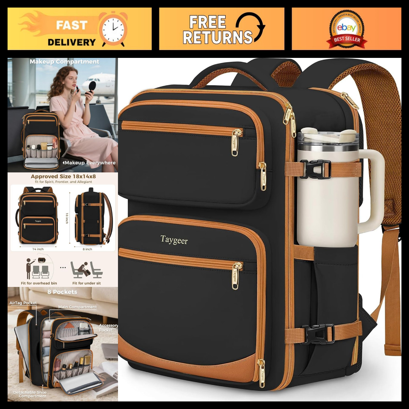 Taygeer Frontier Airlines Personal Item Bag 18x14x8, Carry on Backpack 40L
