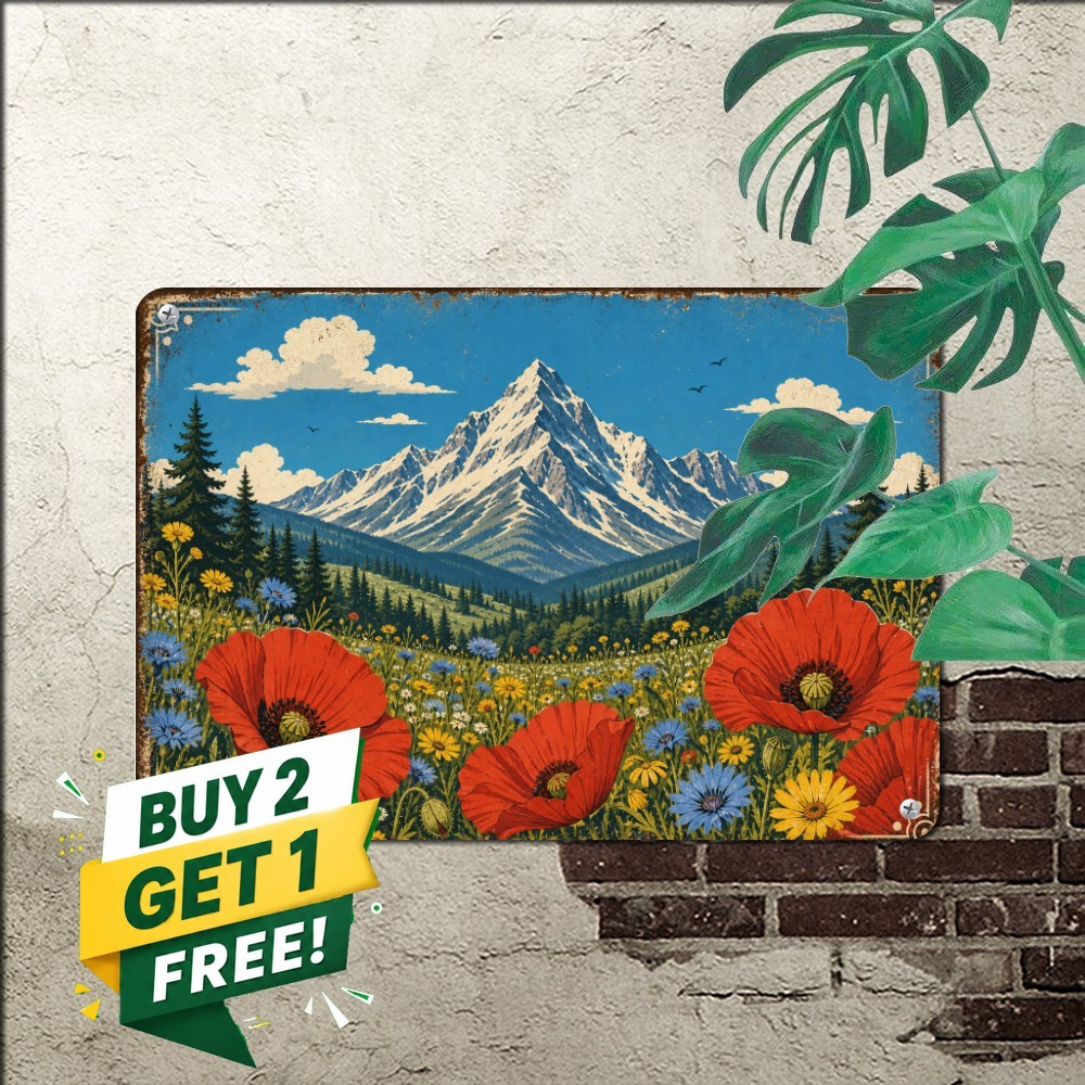 Snowy Alpine Mountain Peak Wildflowers Forest Art Vintage Metal Tin Sign