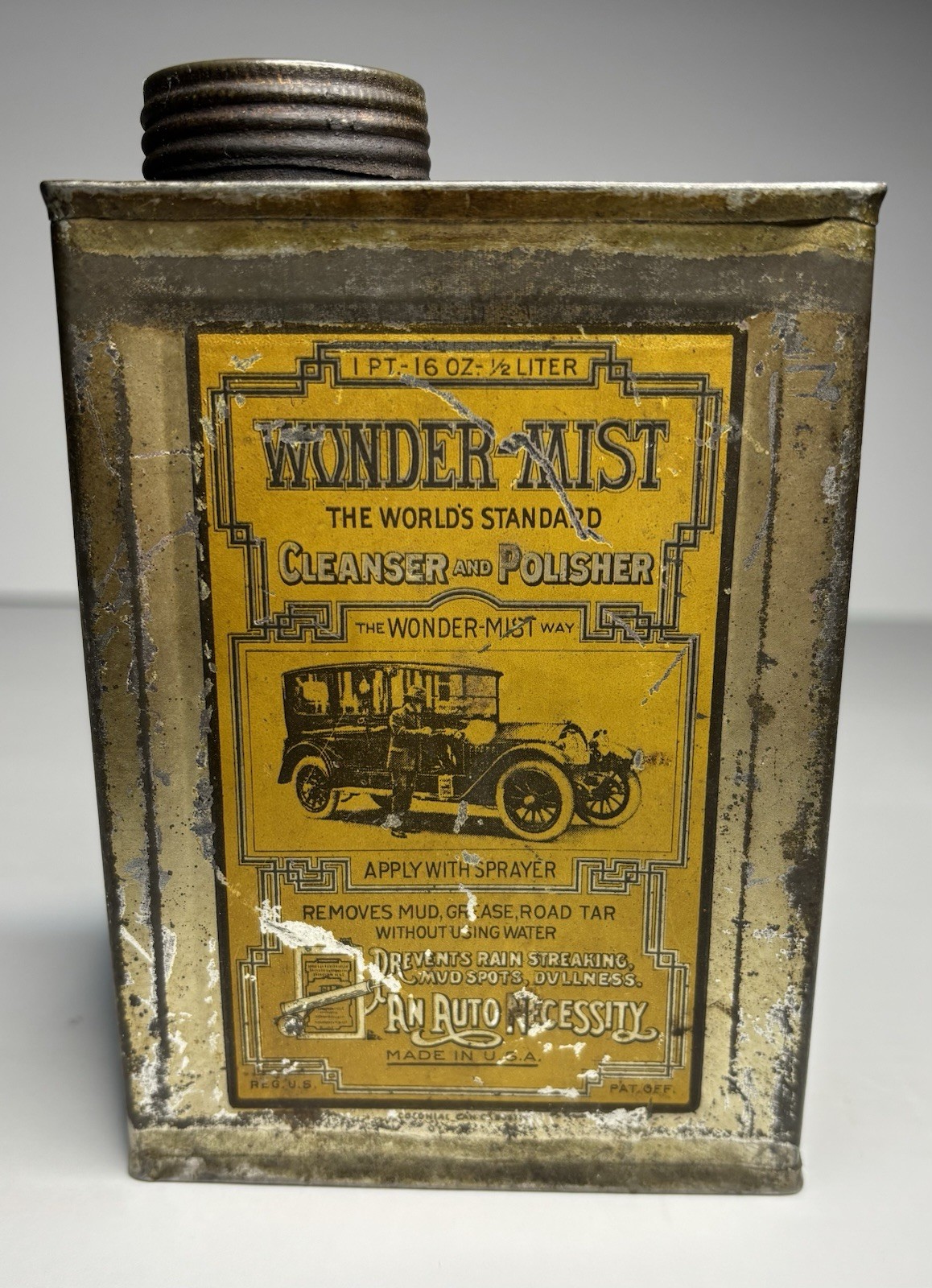 Vintage 1910s Wonder Mist Auto Polish 1 Pint Tin Can Litho w/contents Boston MA