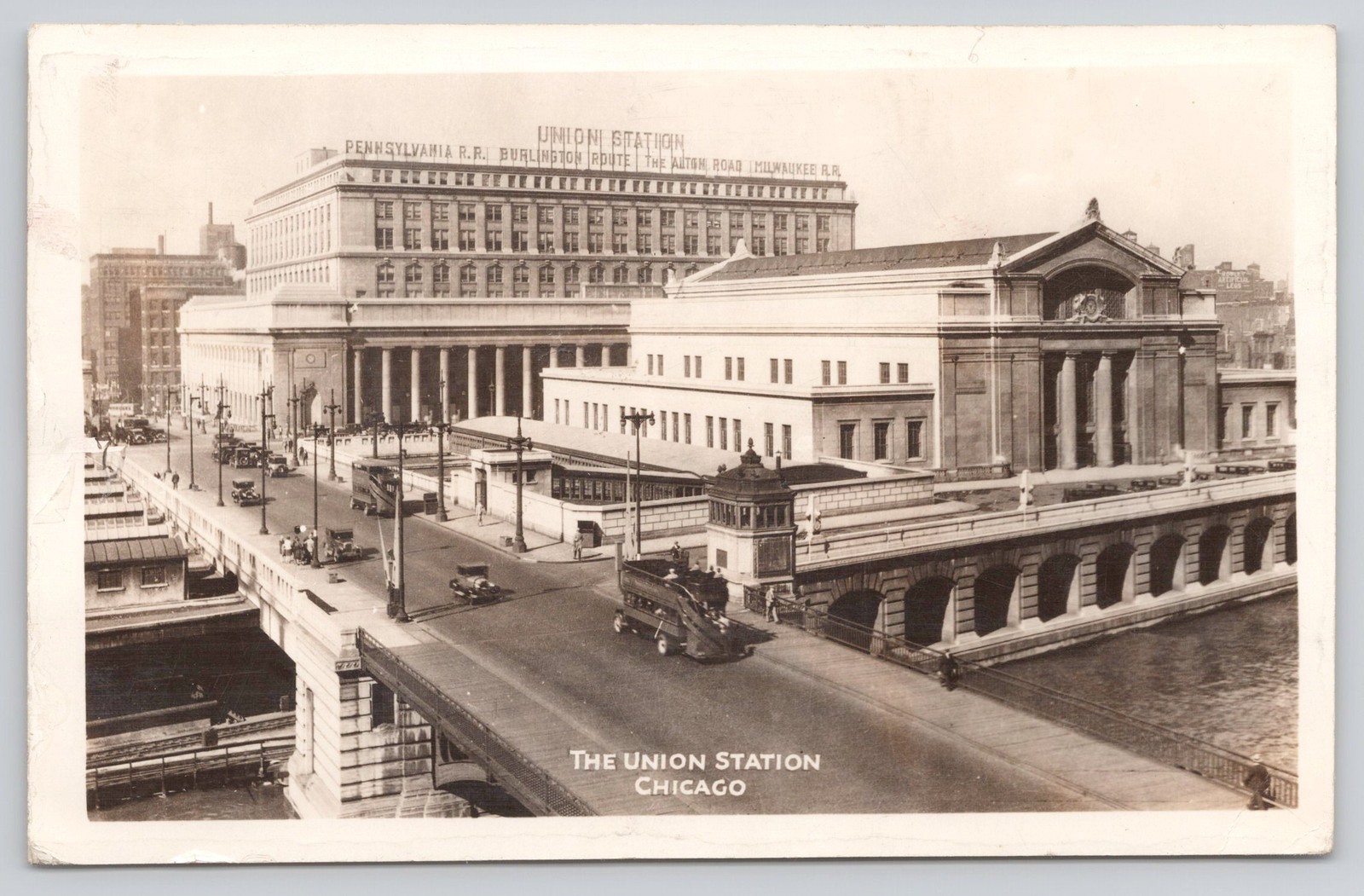 Chicago Union Station IL RPPC 1944 Double Decker Buses Cars Postcard