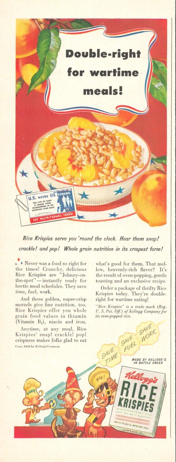 1943 WWII Kellogg\'s Rice Krispies wartime cereal PRINT AD breakfast meal gun