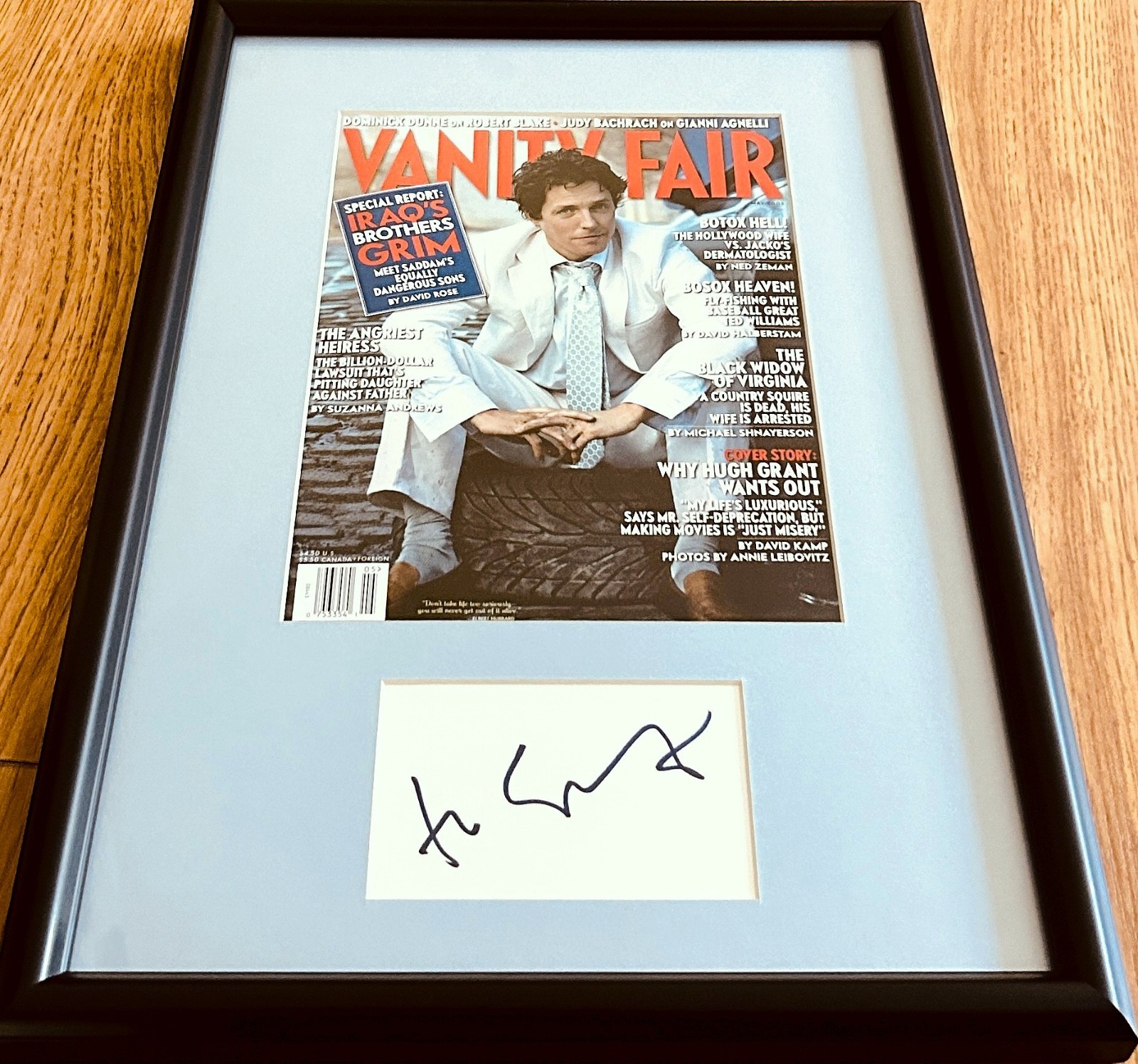 Hugh Grant signed index card cut framed 2003 Vanity Fair cover JSA Notting Hill Hugh Grant signed index card cut framed 2003 Vanity Fair cover JSA Notting Hill