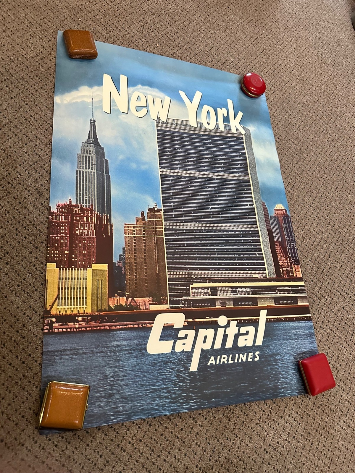 RARE Original Vintage Fly Capital Airlines New York Poster Airport RARE Original Vintage Fly Capital Airlines New York Poster Airport