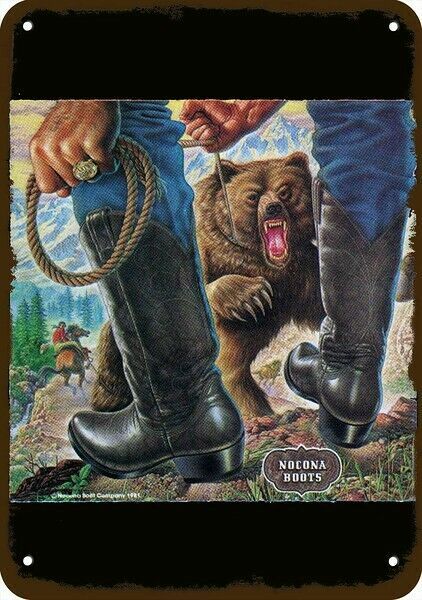 1982 NOCONA BOOTS Cowboy vs Grizzly Bear Vntg-Look DECORATIVE REPLICA METAL SIGN 1982 NOCONA BOOTS Cowboy vs Grizzly Bear Vntg-Look DECORATIVE REPLICA METAL SIGN