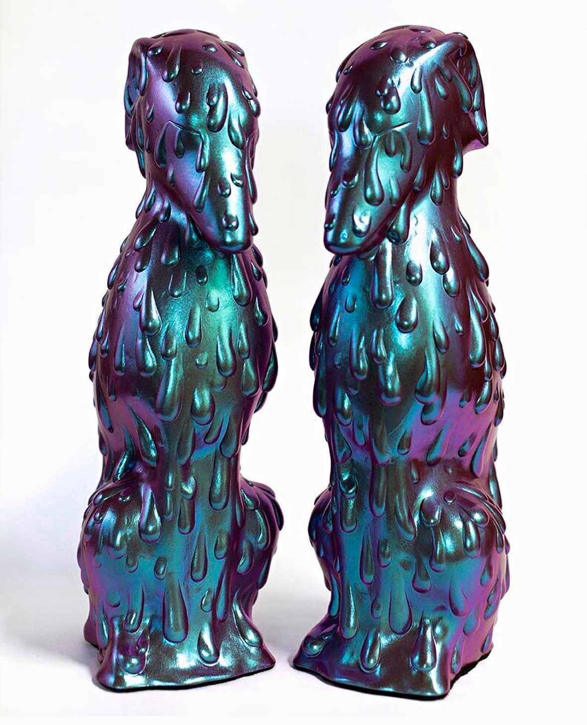 Iridescent Resin Dog Figurines Pair, Multicolor 3D Effect, by artist Syd Bee Iridescent Resin Dog Figurines Pair, Multicolor 3D Effect, by artist Syd Bee