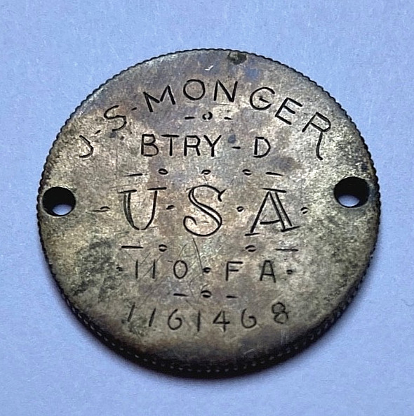 WW1 US ARMY 29th DIV. 110TH FIELD ARTILLERY TRENCH ART ID\'d DOG TAG 2 FRANC COIN