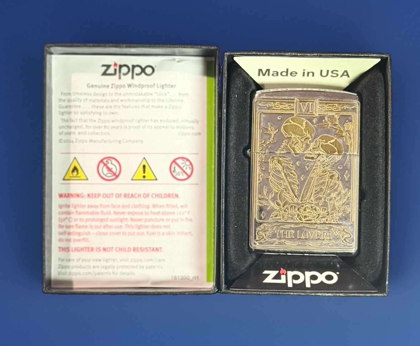 NEW Zippo Made in USA Lighter in Box Cigarettes Theme Collectible “The Lovers” NEW Zippo Made in USA Lighter in Box Cigarettes Theme Collectible “The Lovers”