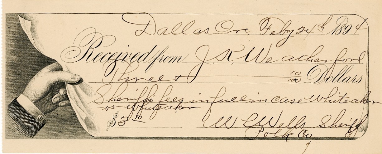 Dallas Oregon Polk County  orig 1894 Sheriff\'s Legal Fees Receipt