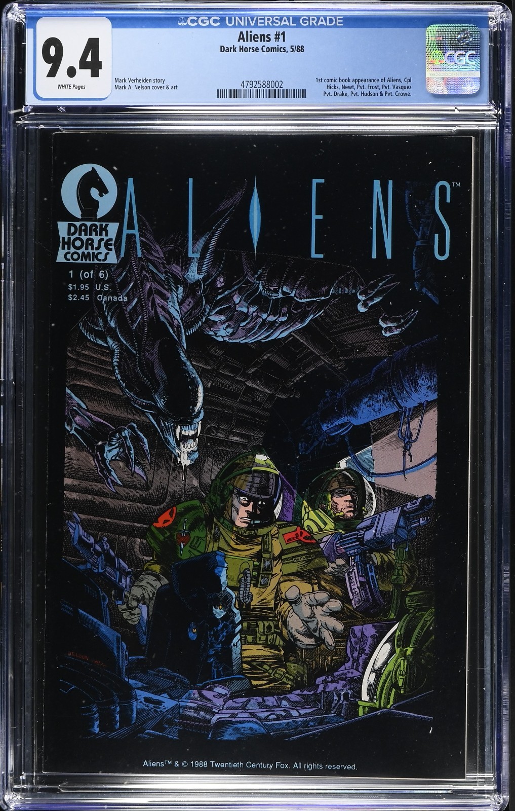 Dark Horse Aliens #1 - CGC 9.4 - WP - NM - 1st Print - 1988 Many 1st Appearances
