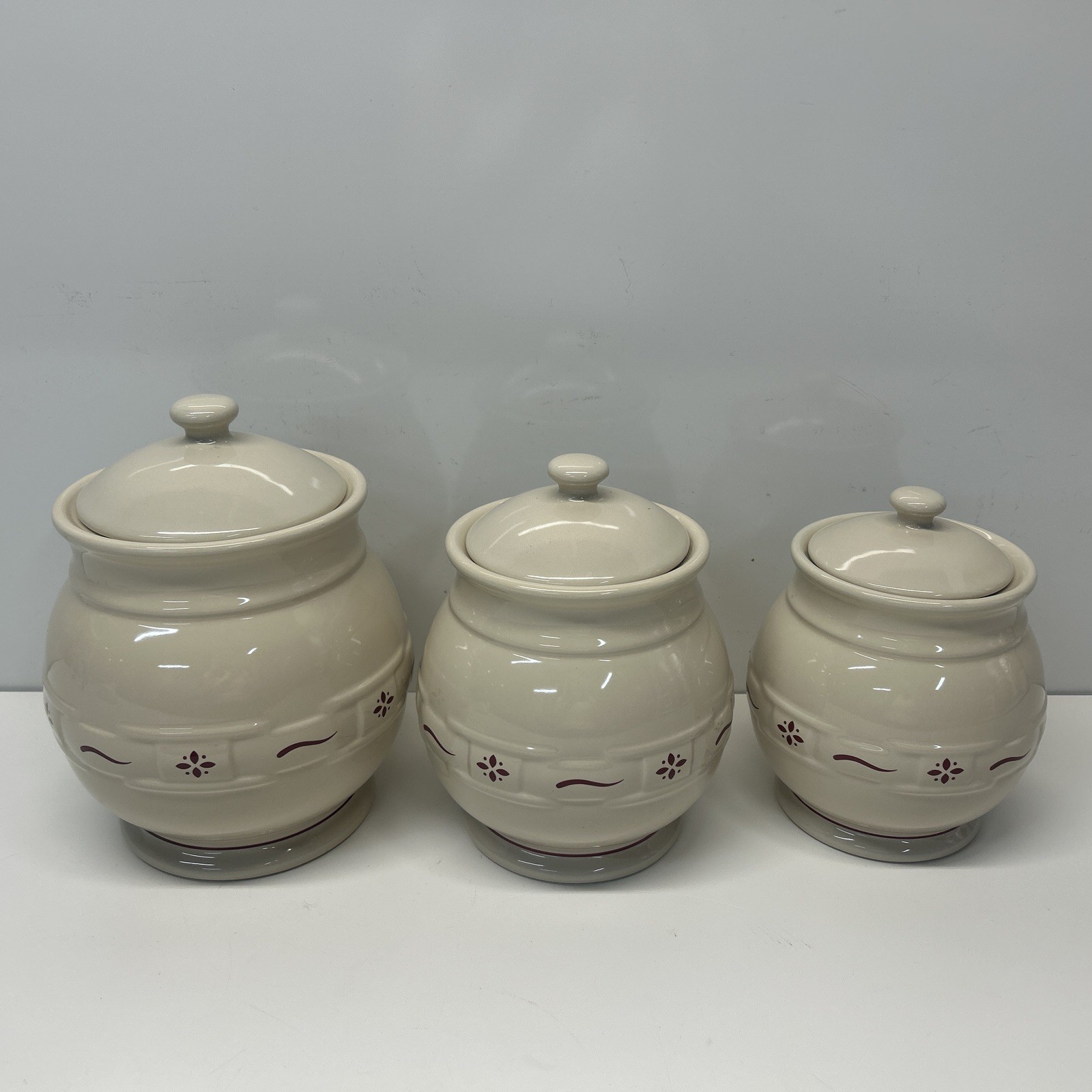 Longaberger 3 Pc. WOVEN TRADITIONS Pottery Canister Set w/Lids NICE Longaberger 3 Pc. WOVEN TRADITIONS Pottery Canister Set w/Lids NICE