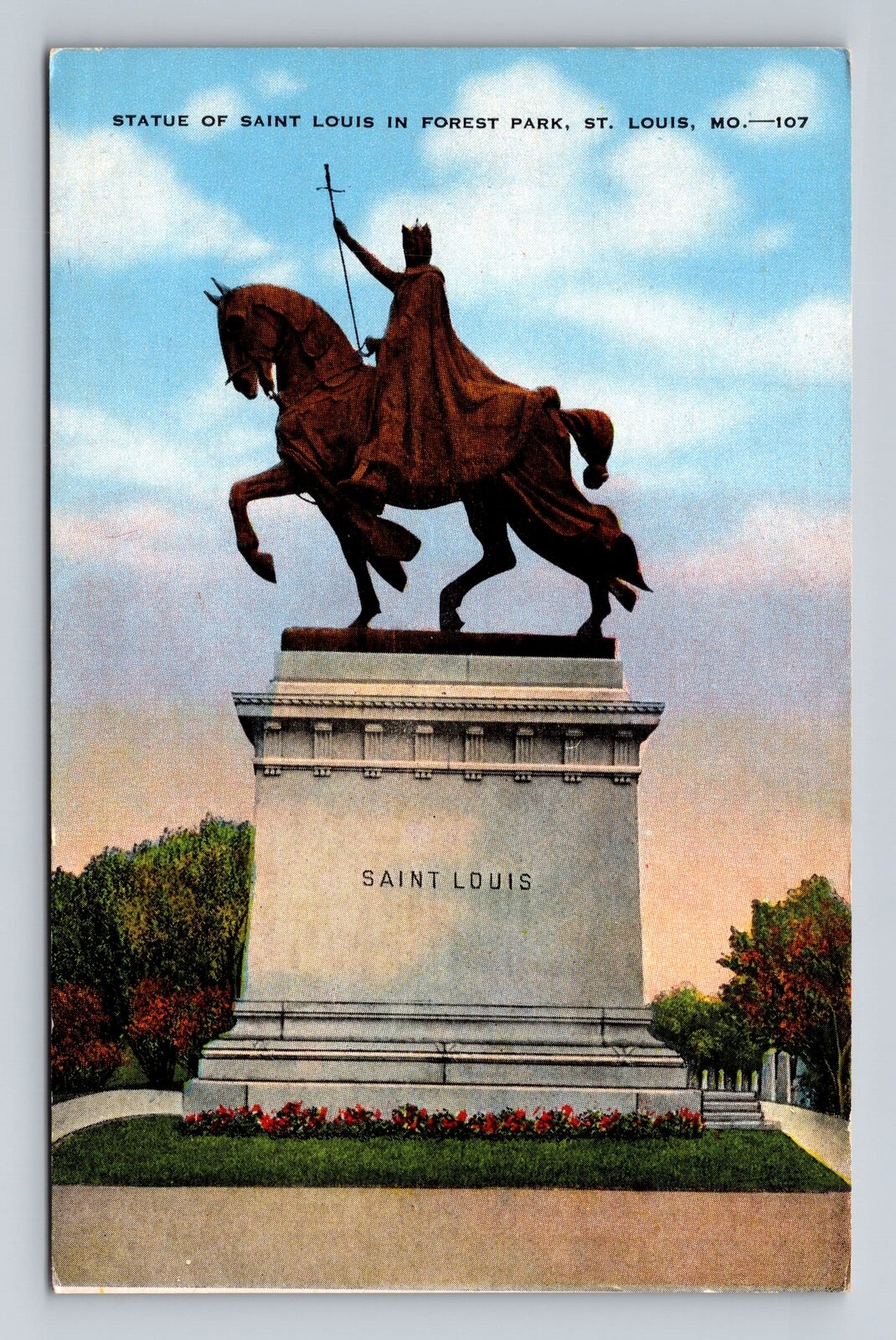 St Louis MO-Missouri, Forest Park, Statue of St Louis, Vintage Postcard