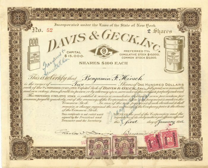 Davis and Geck, Inc. - Stock Certificate - General Stocks