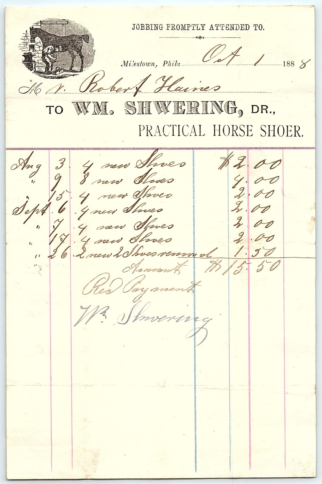 1888 Wm. Shwering Practical Horse Shoer Billhead Phila. 1888 Wm. Shwering Practical Horse Shoer Billhead Phila.