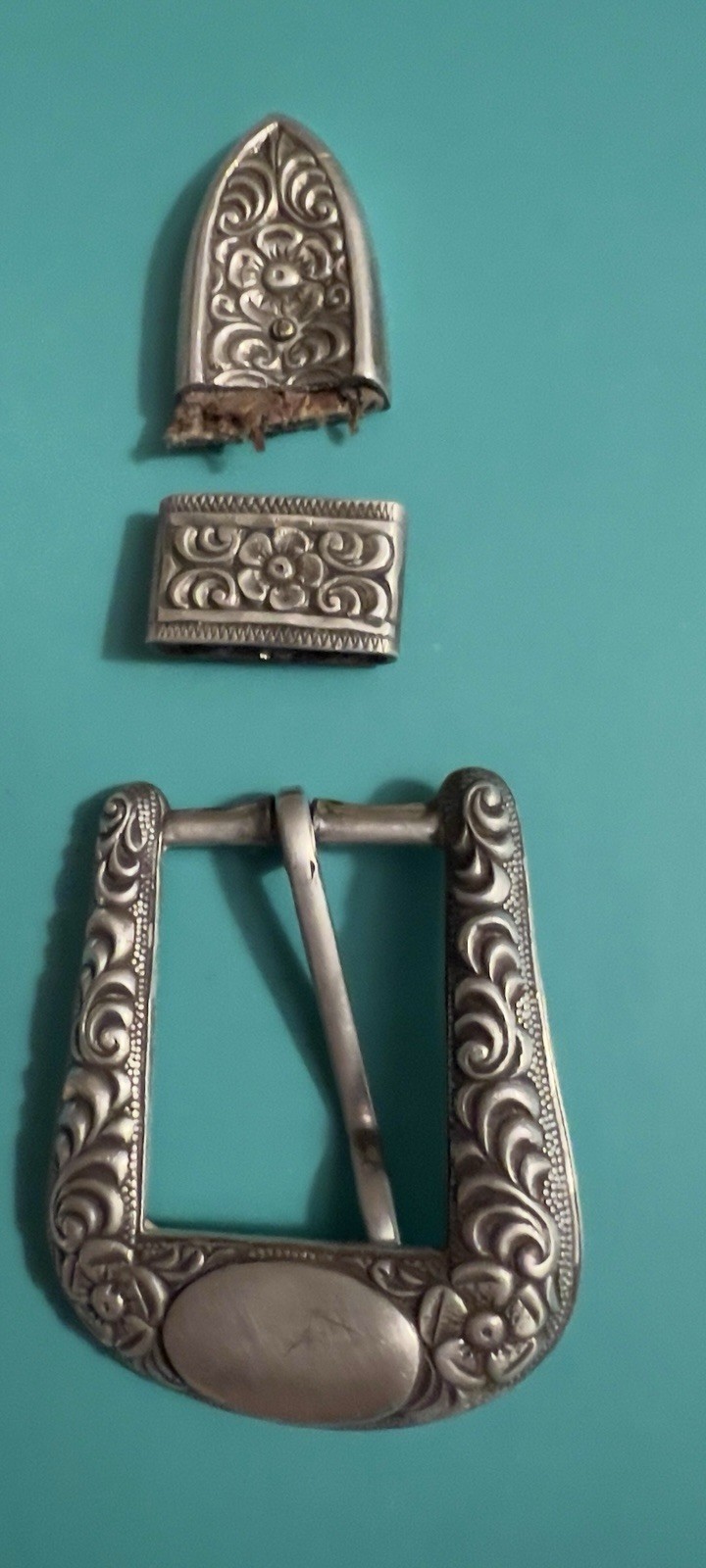 Vintage Sterling Silver 3-Pc Western Belt Buckle Set Floral Tooled 20g