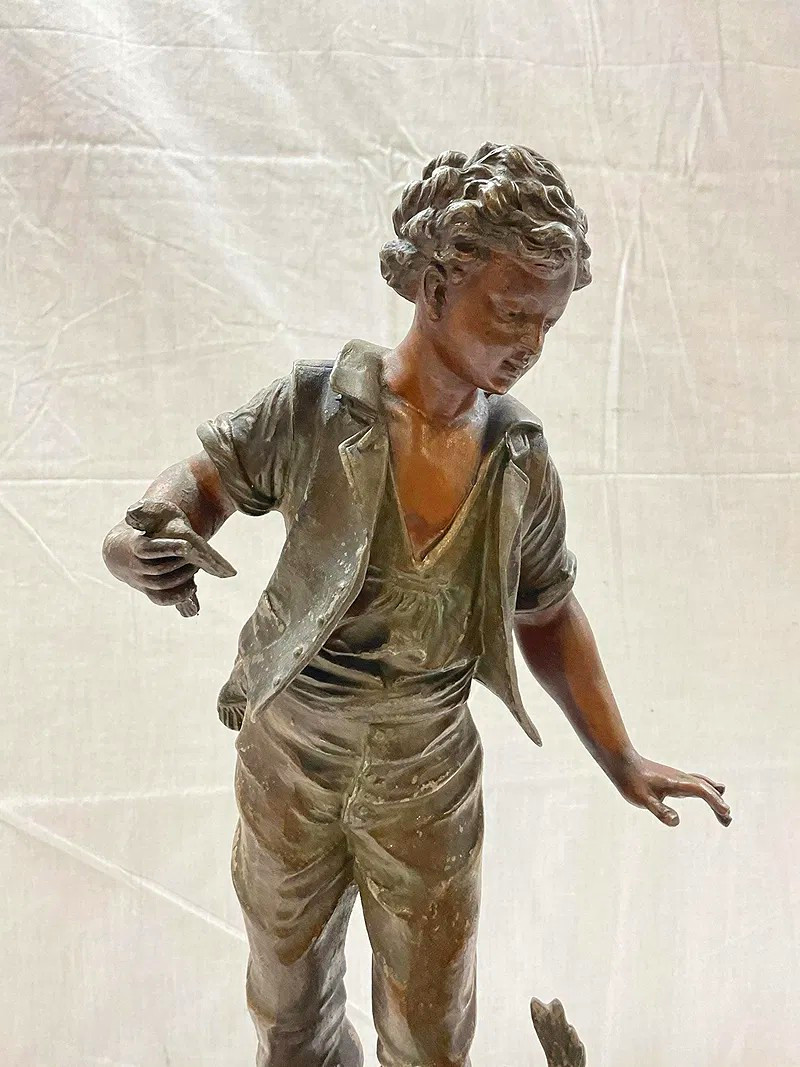 Bruchon Signed Figural Mantel Clock Mechanical Analog Red Marble Brass Feet Bruchon Signed Figural Mantel Clock Mechanical Analog Red Marble Brass Feet