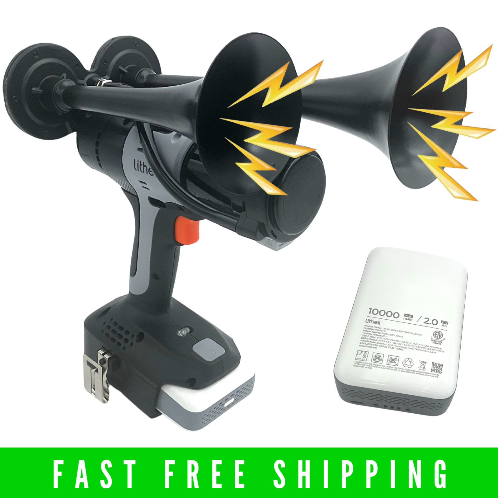 Litheli x2 Trumpet Air Horn - Impact Style Drill Truck Train Horn w/Battery Kit Litheli x2 Trumpet Air Horn - Impact Style Drill Truck Train Horn w/Battery Kit