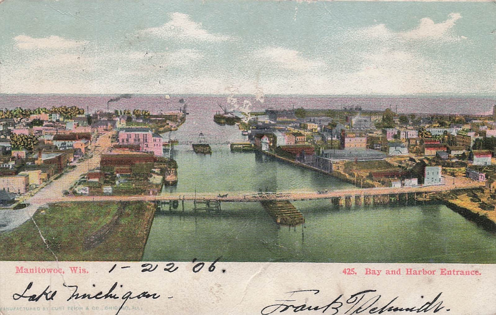 Manitowoc WI Wisconsin Bay Harbor Entrance Lake Michigan Vtg Postcard 9A