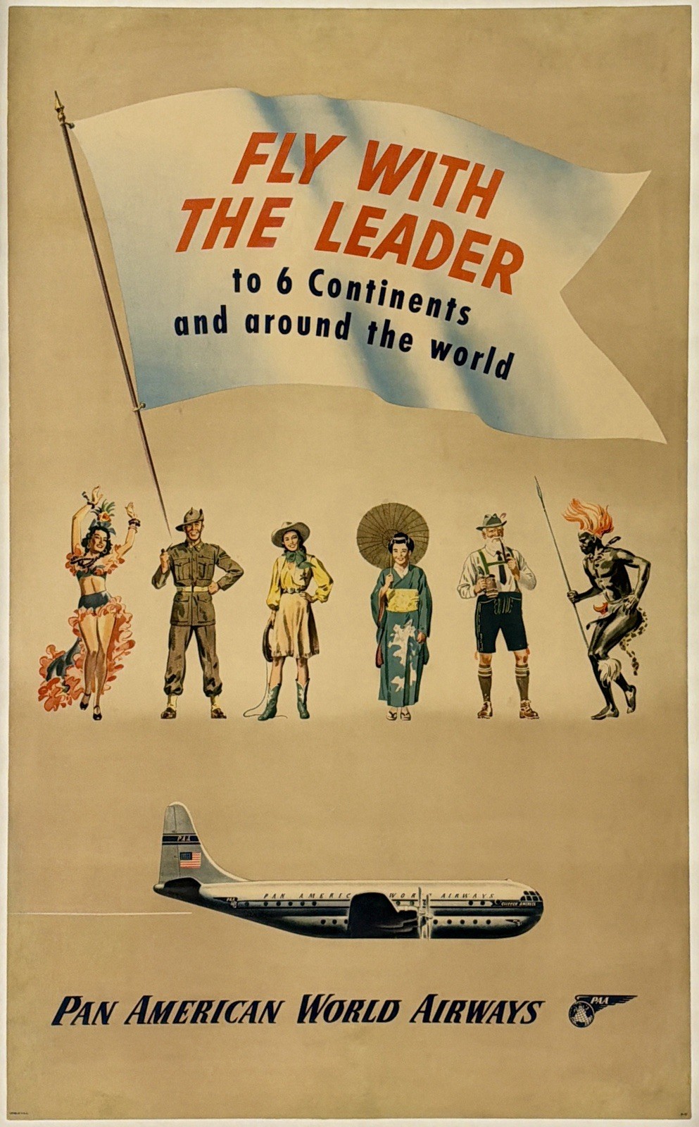 PAN AM FLY WITH THE LEADER Original Vintage Airline Travel Tourism Poster LINEN