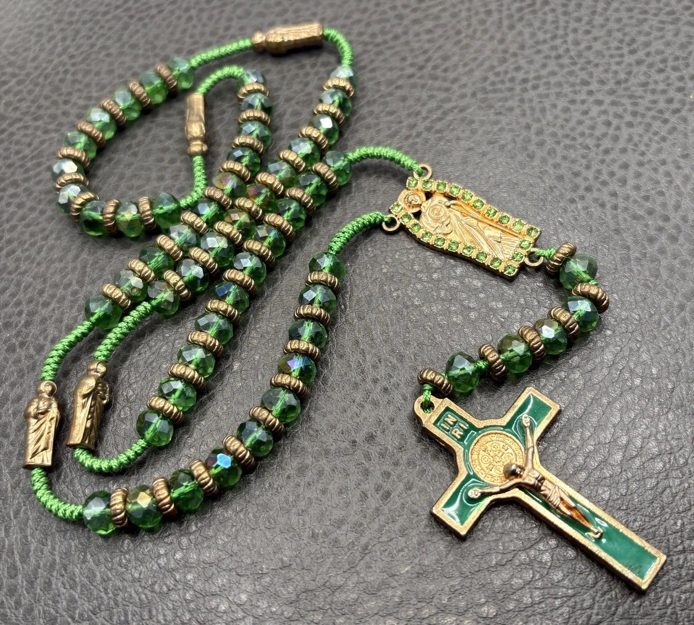 Vintage Rosary AB Crystal Beads Enamel Crucifix Green Rhinestone Gold Tone 25”