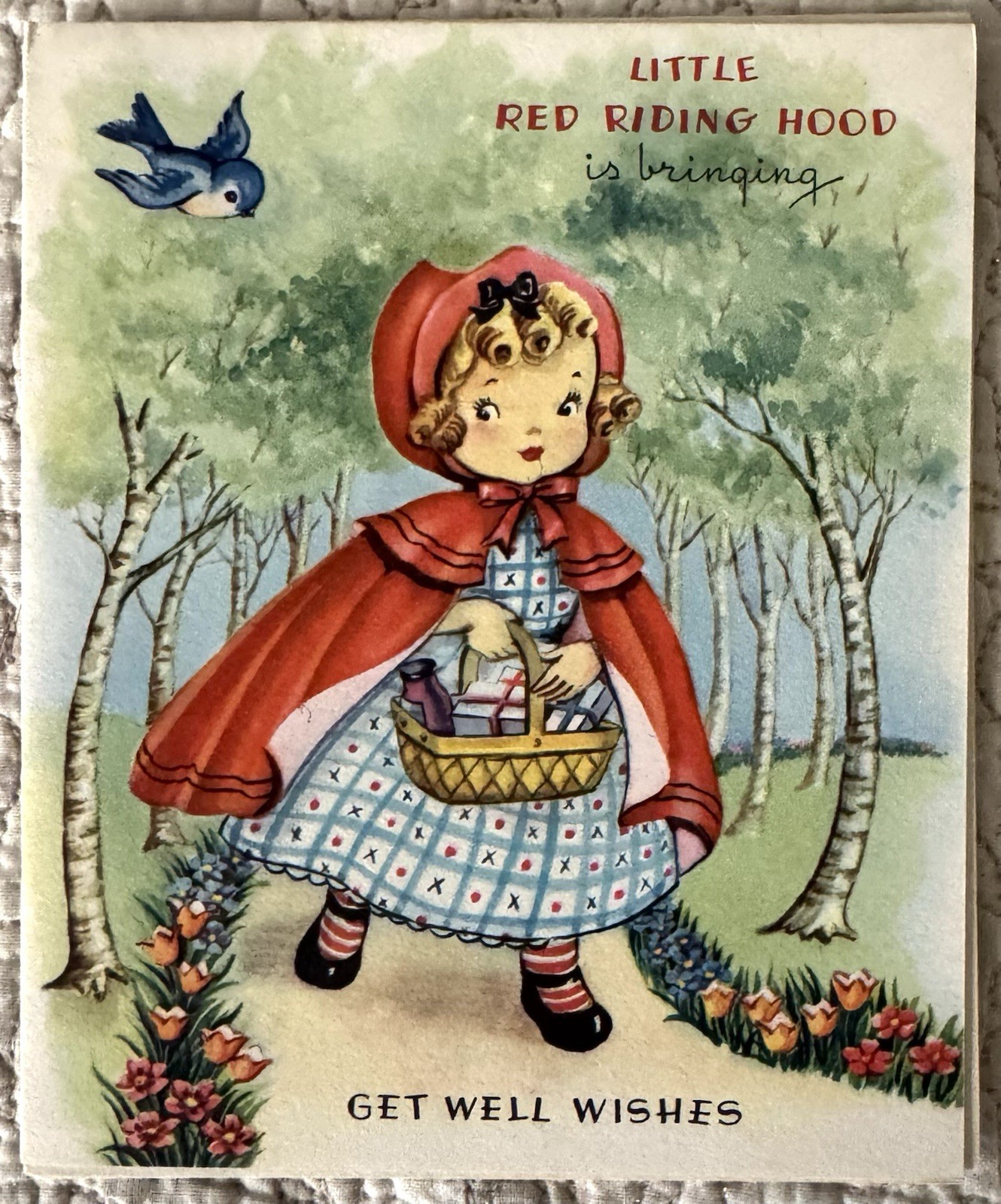Unused Get Well Little Red Riding Nursery Rhyme Vtg Greeting Card 1940s 1950s Unused Get Well Little Red Riding Nursery Rhyme Vtg Greeting Card 1940s 1950s