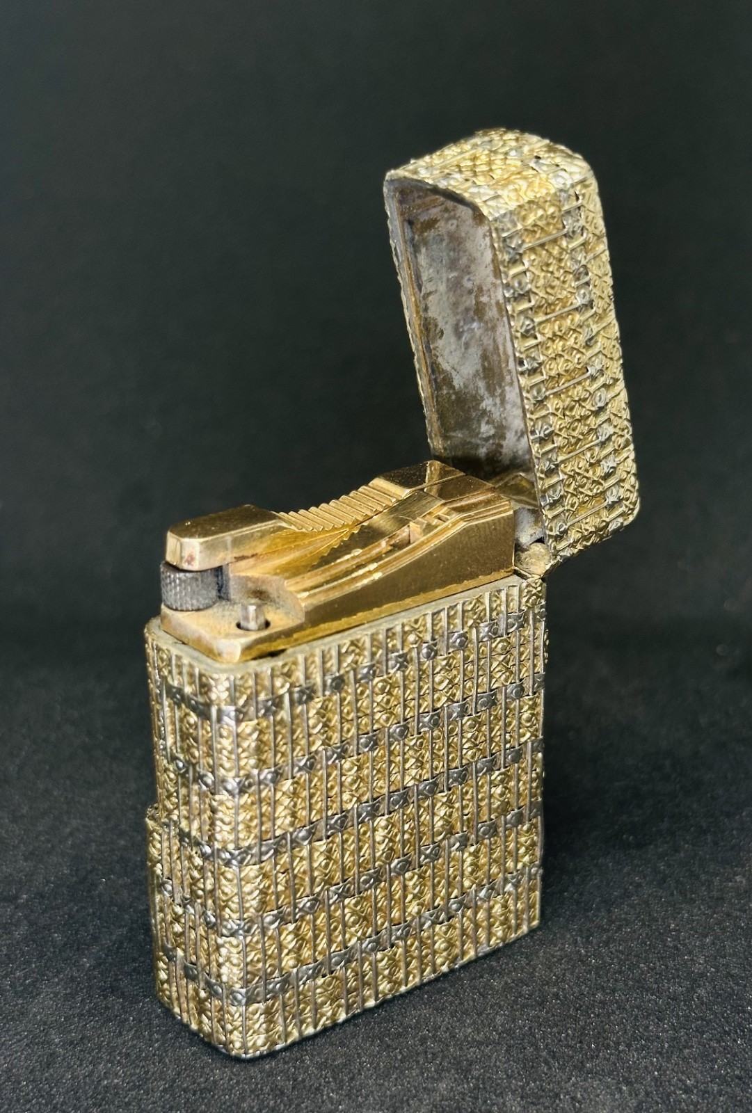 Vintage 18K Solid Gold Lighter Two Tone Basketweave 189AL Alessandria Italy 105g