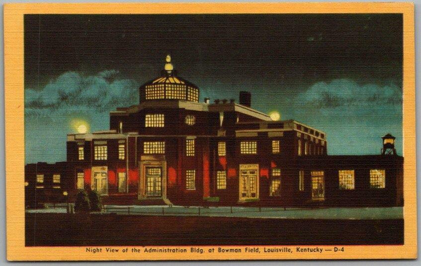 1940s LOUISVILLE, Kentucky Postcard BOWMAN FIELD Airport Night View Dexter Linen