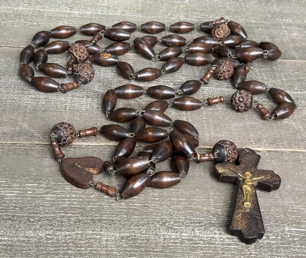 Antique 5FT Large Wood Wall Rosary Crucifix Bethlehem Olive w/ Carved Rose Beads