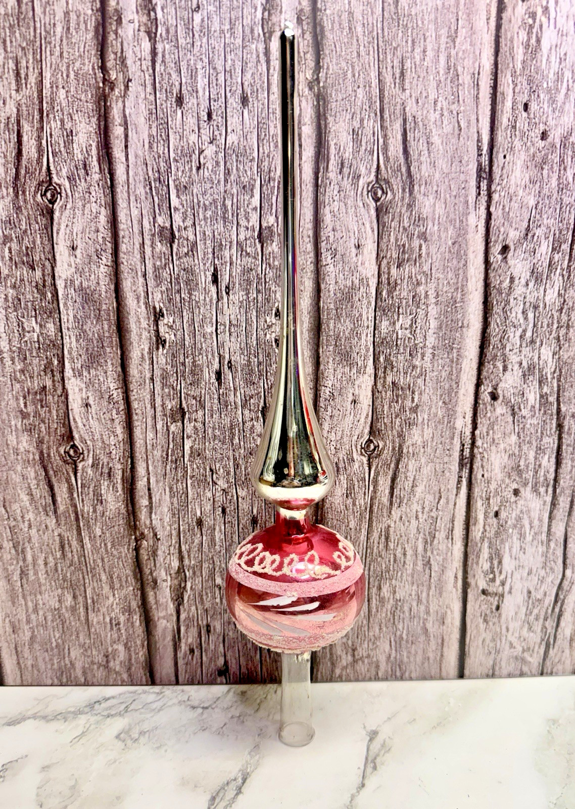 VTG WEST GERMANY HAND BLOWN MERCURY GLASS CHRISTMAS TREE TOPPER 10” PINK SILVER