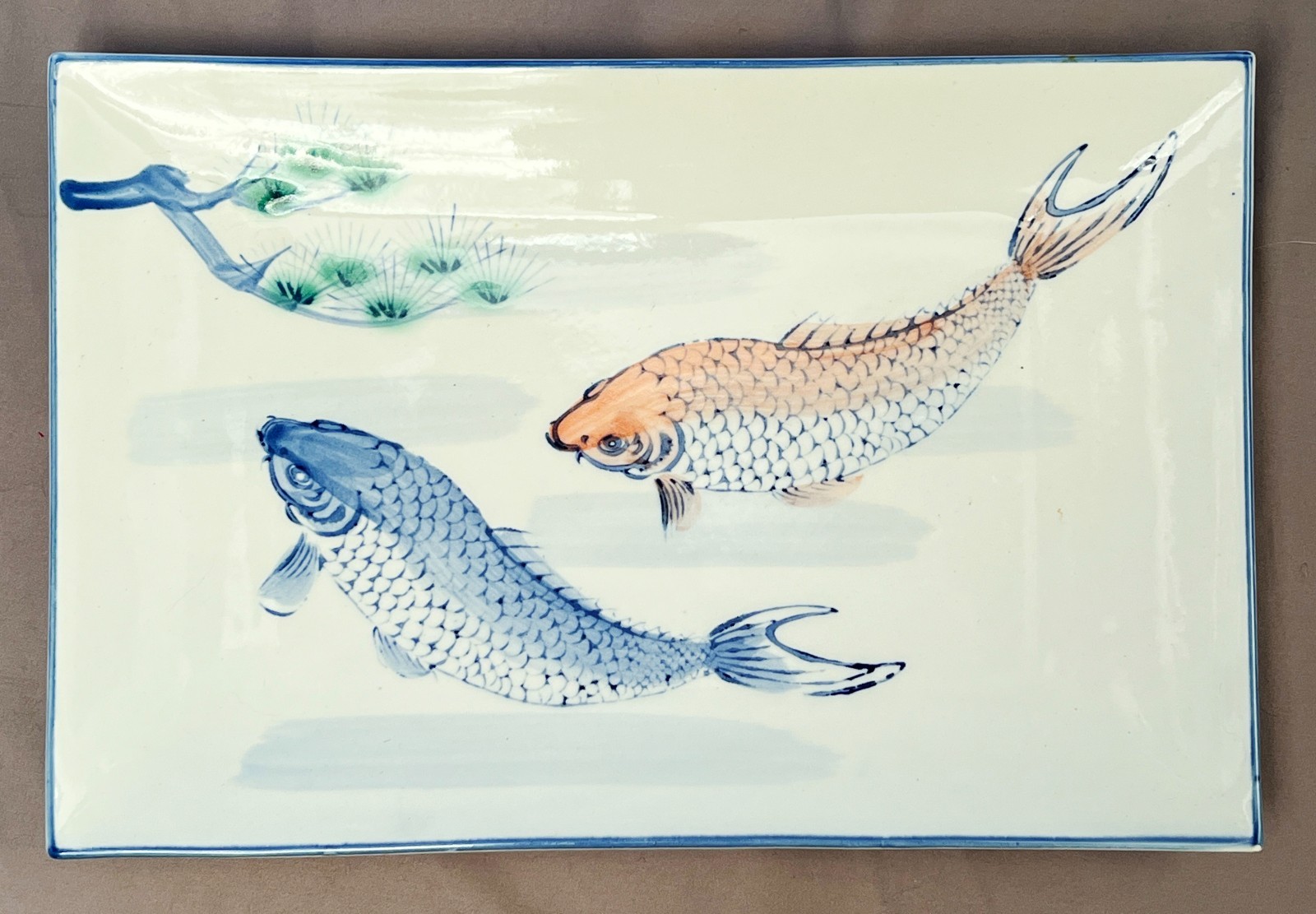 Antique Japanese Porcelain Rectangular Platter Hand Painted Koi Carp Fish Tray