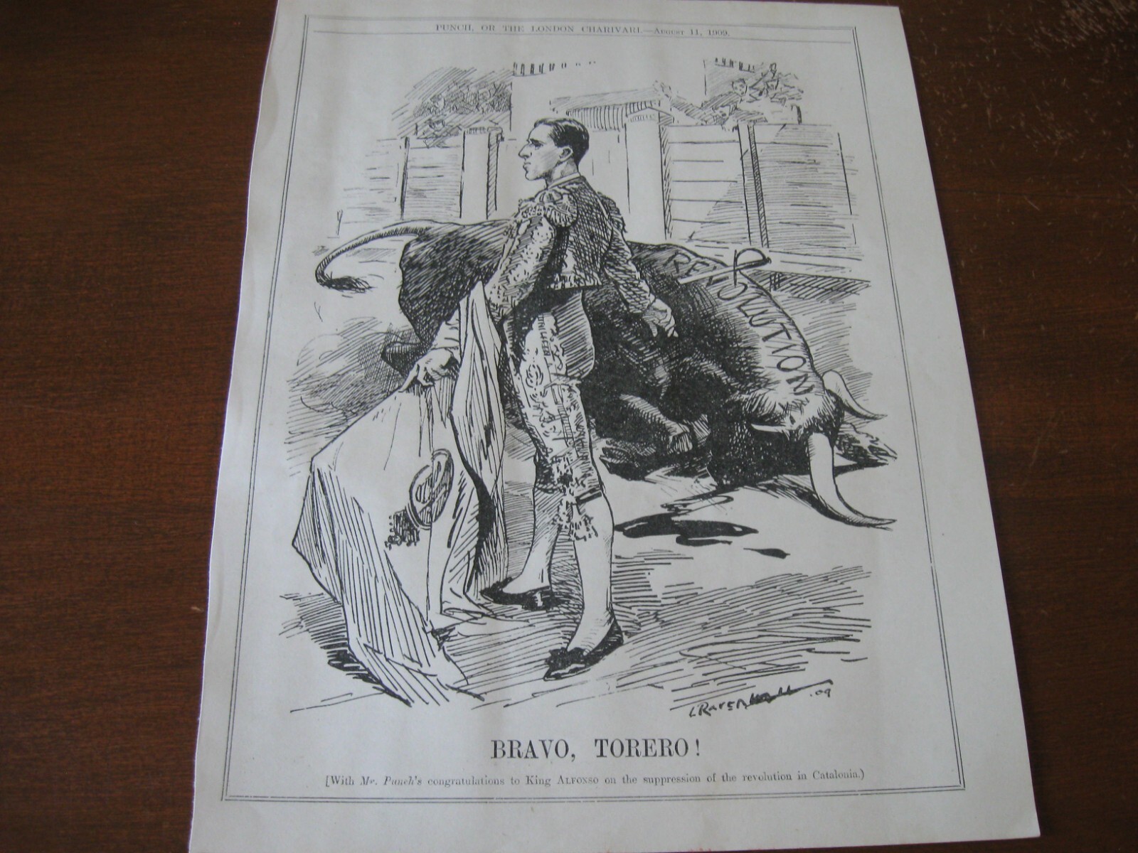 1909 Original POLITICAL CARTOON - KING ALFONSO as BULL FIGHTER Revolution SPAIN 1909 Original POLITICAL CARTOON - KING ALFONSO as BULL FIGHTER Revolution SPAIN