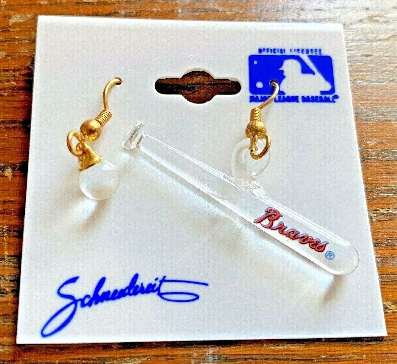 ATLANTA BRAVES 1988 Glass Earrings Baseball Bat & Ball MLB NOS VTG Schneidereit
