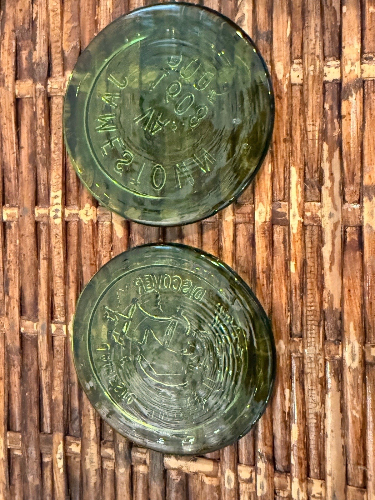 Vintage Jamestown VA Glass Coasters Green Paperweight Set of 2 Vintage Jamestown VA Glass Coasters Green Paperweight Set of 2