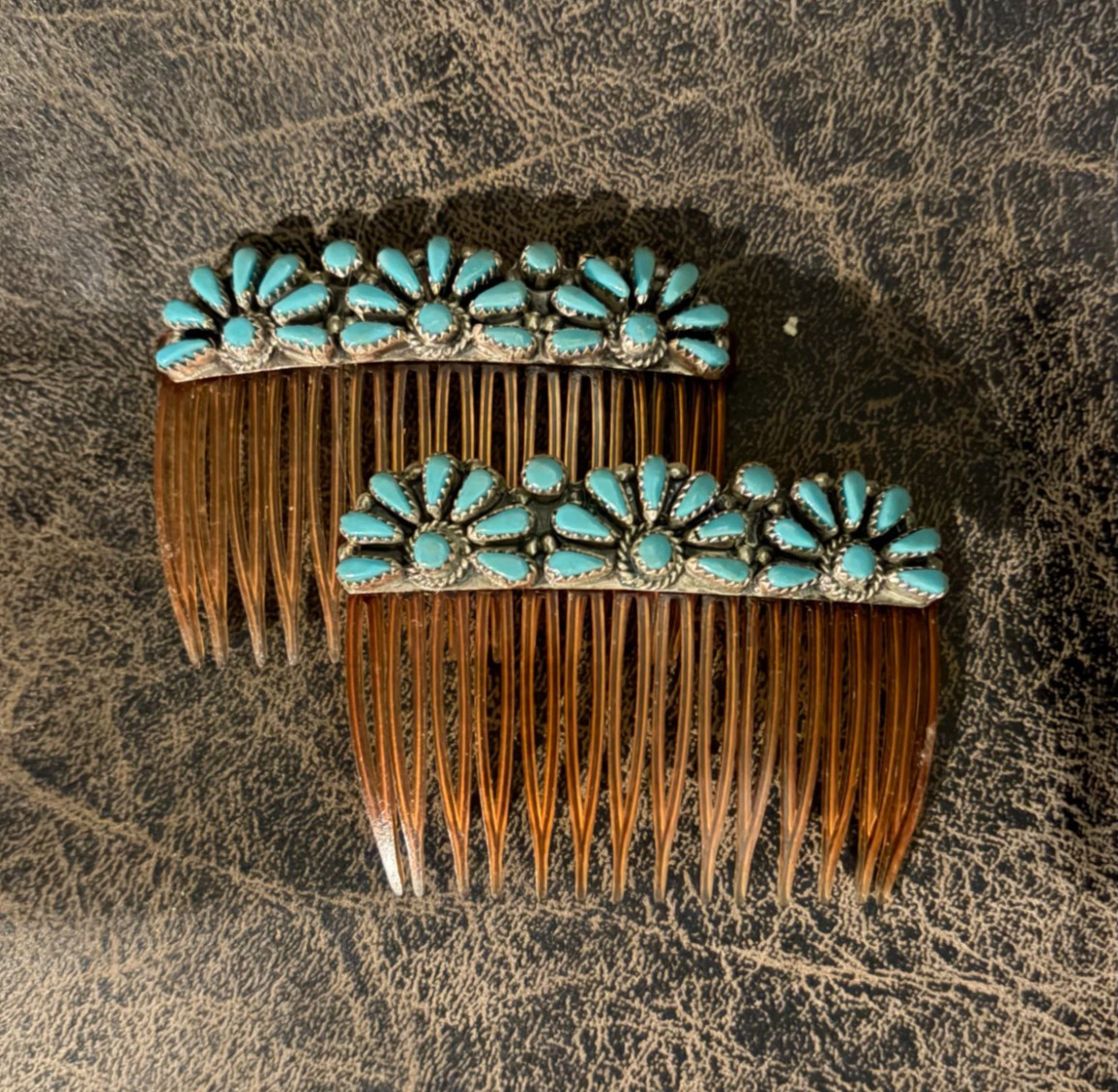 2 NATIVE AMERICAN NAVAJO STERLING SILVER AND TURQUOISE VINTAGE HAIR COMBS 2 NATIVE AMERICAN NAVAJO STERLING SILVER AND TURQUOISE VINTAGE HAIR COMBS