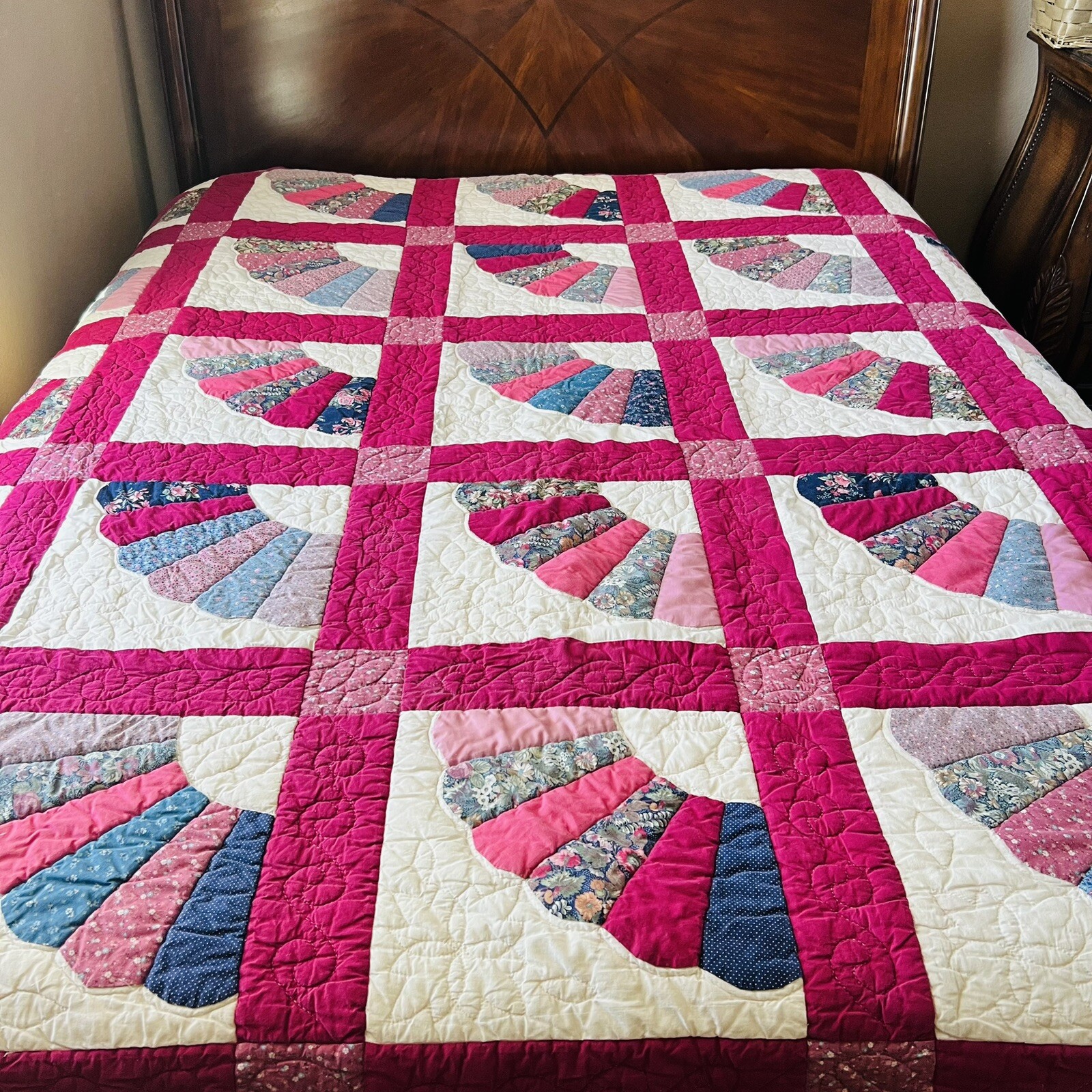 90”x86” Vintage Handmade and Hand Stitched Cotton Quilt. 