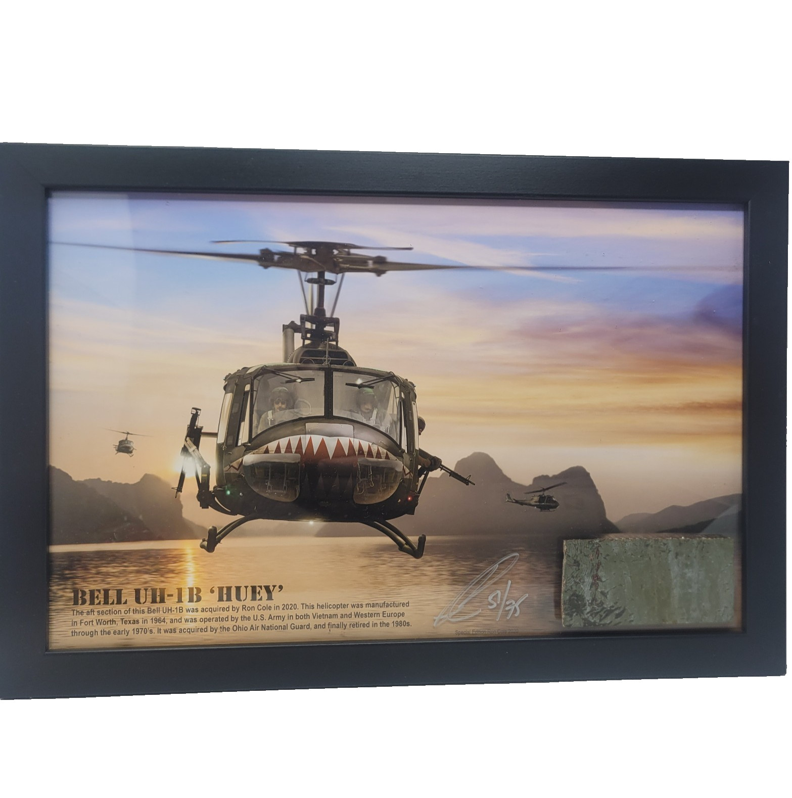 Bell UH-1B Huey Vietnam Helicopter Ron Cole Signed Relic Skin Art Display 51/75 Bell UH-1B Huey Vietnam Helicopter Ron Cole Signed Relic Skin Art Display 51/75
