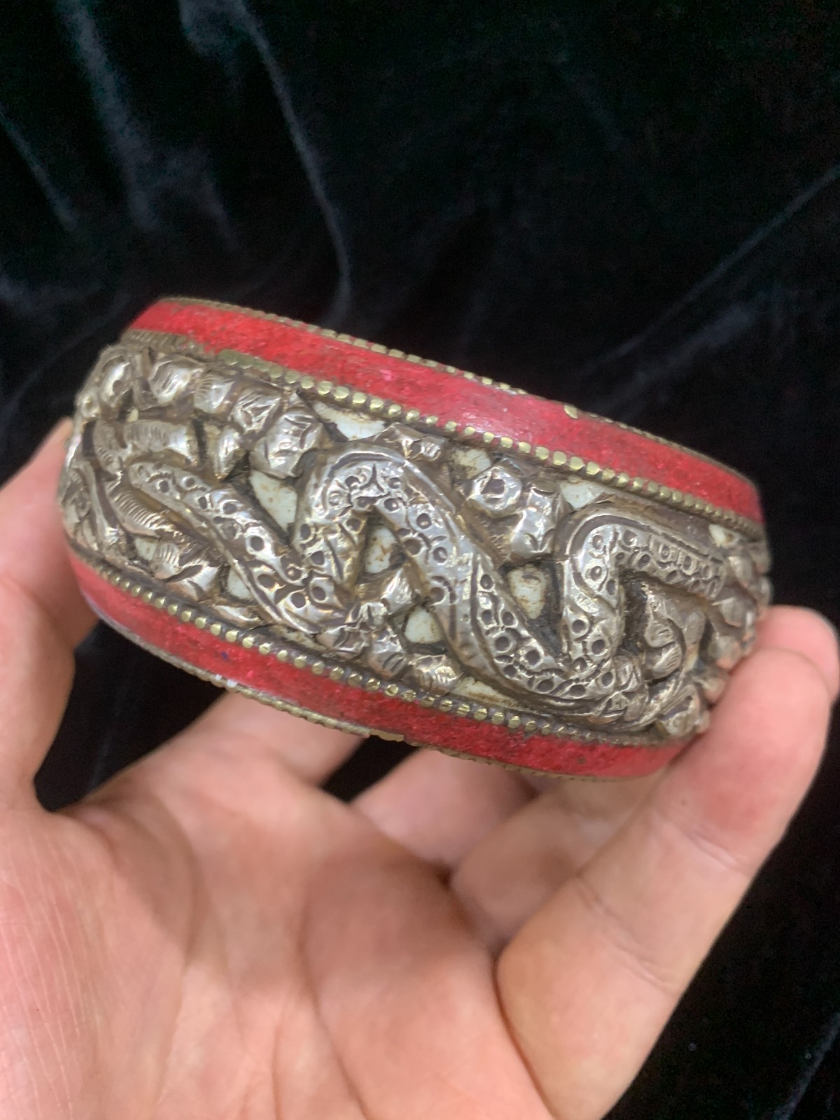Unique Hand Made Tibetan Old Silver/Bone Ritual Bangle Bracelet Unique Hand Made Tibetan Old Silver/Bone Ritual Bangle Bracelet