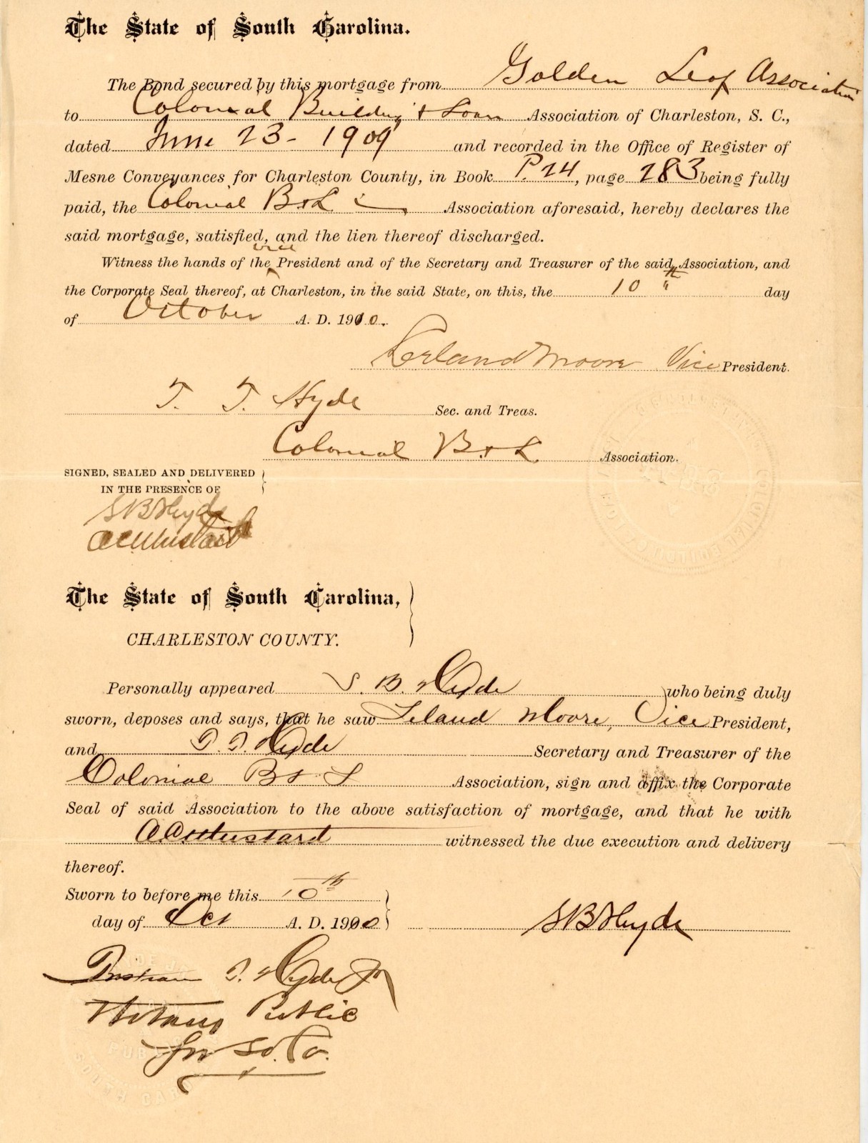1910 South Carolina Mortgage Charleston Golden Leaf Assoc Signed TT Hyde Mayor 1910 South Carolina Mortgage Charleston Golden Leaf Assoc Signed TT Hyde Mayor