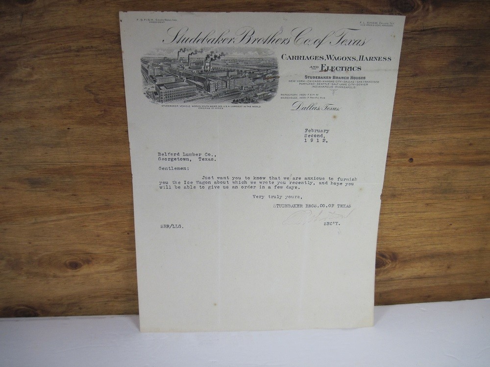 VINTAGE STUDEBAKER BROTHERS OF TEXAS LETTER DATED FEBRUARY 2, 1912 VINTAGE STUDEBAKER BROTHERS OF TEXAS LETTER DATED FEBRUARY 2, 1912