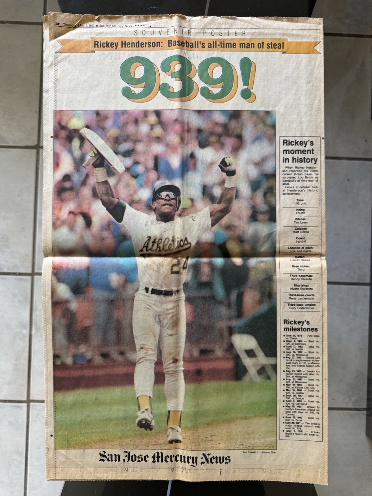 1991 Rickey Henderson 939 Souvenir Poster A’s Man of Steal Mercury News