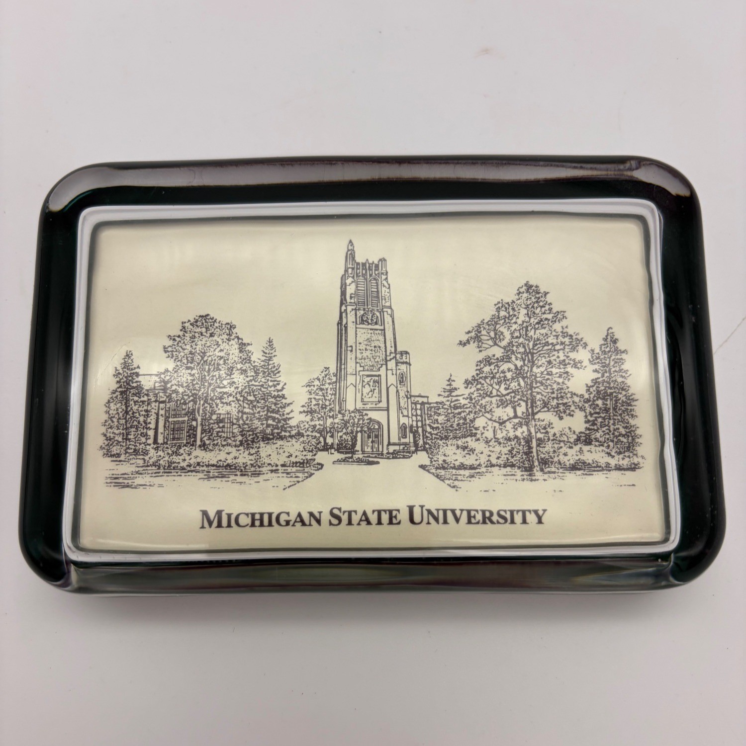 Vintage Michigan State University Beaumont Tower Eglomise Glass Paperweight Desk Vintage Michigan State University Beaumont Tower Eglomise Glass Paperweight Desk