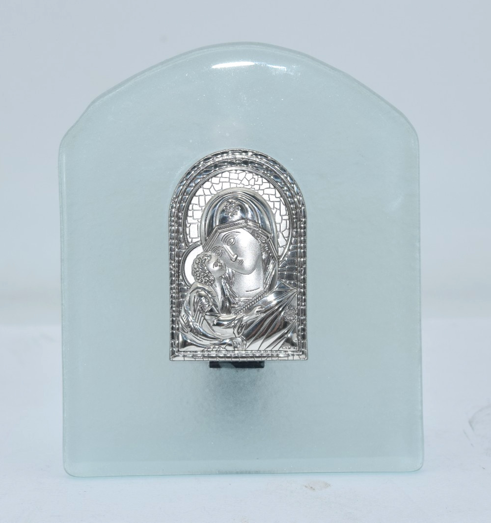LAM Ag 925 Sterling Silver Madonna Child Orthodox Icon Frosted Glass Plaque