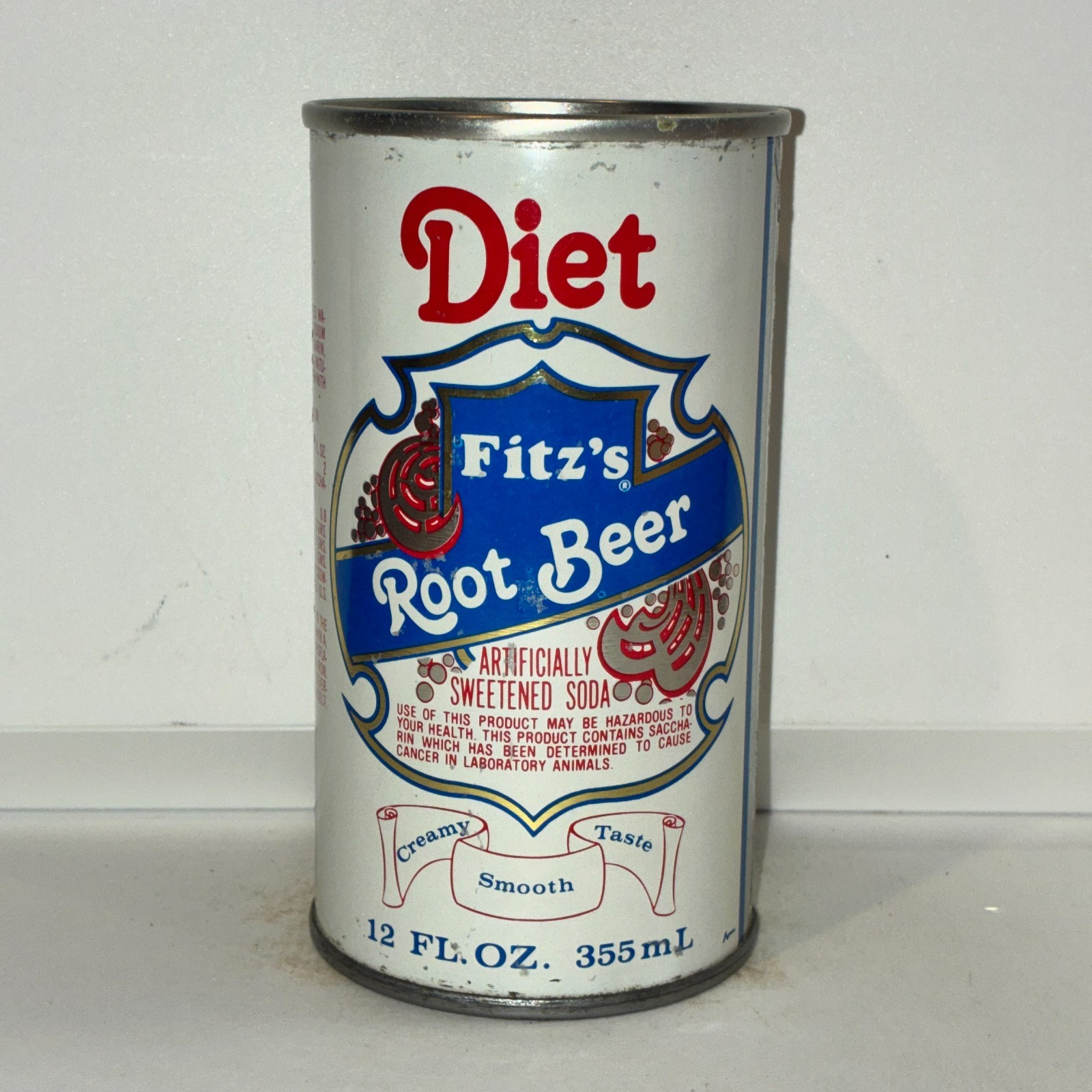 1970's Diet Fitz's Root Beer soda can, bottom opened, adhesive residue 1970's Diet Fitz's Root Beer soda can, bottom opened, adhesive residue