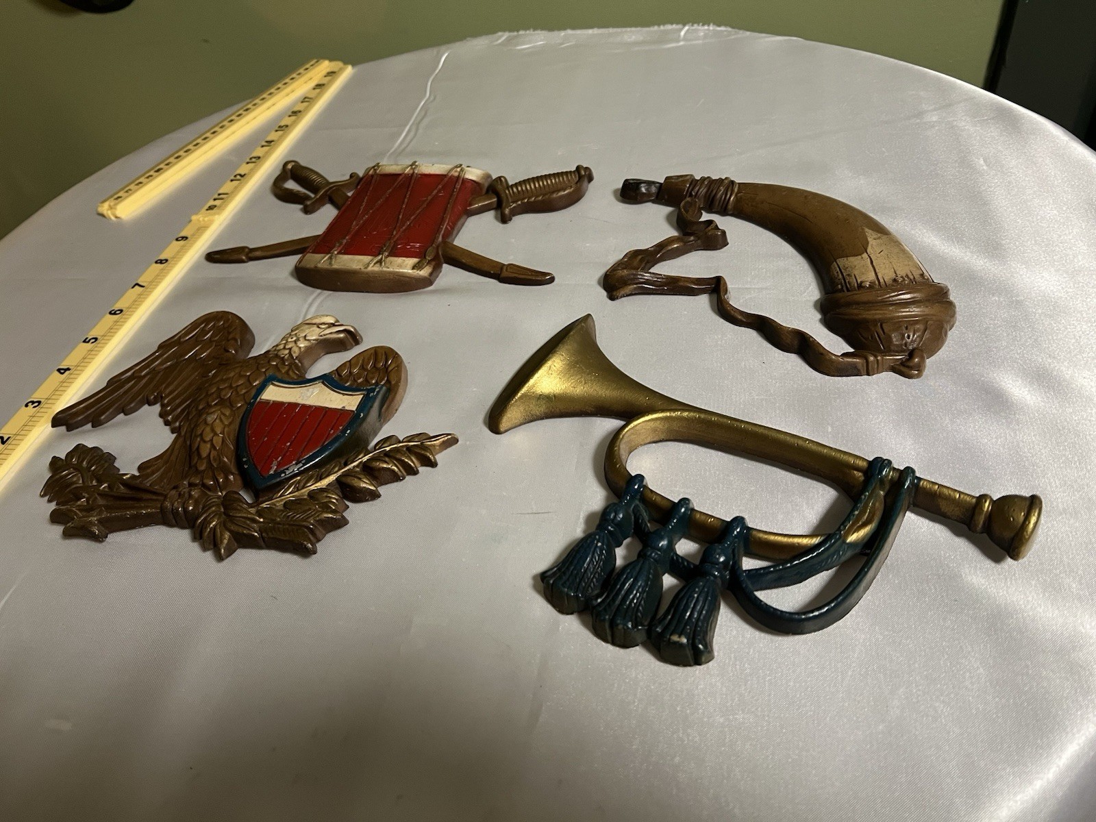 Vtg Sexton USA Cast Metal Wall Plaques Set of 4 Americana Drum Eagle Bugle 576 Vtg Sexton USA Cast Metal Wall Plaques Set of 4 Americana Drum Eagle Bugle 576