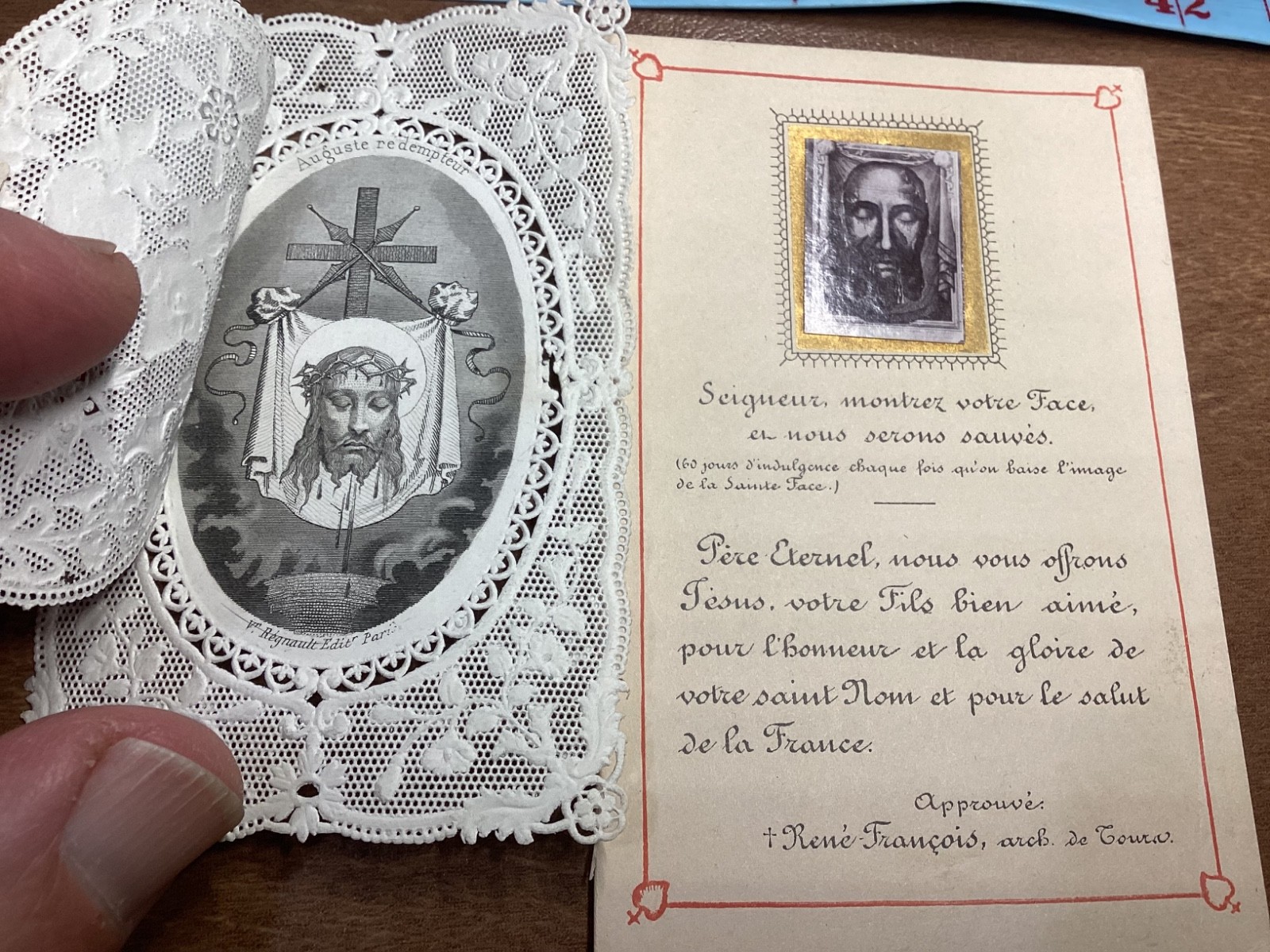 2 Antique Holy Cards 1800’s Holy Face Shroud Golden Arrow Sacred Heart