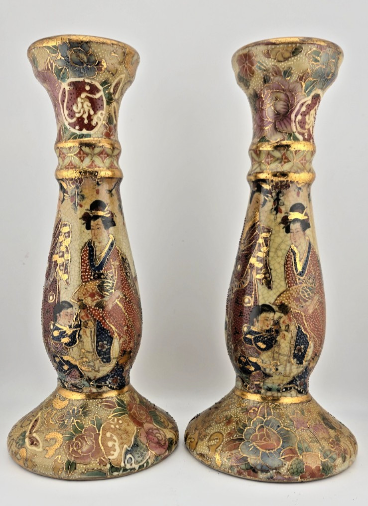 Vintage Pair Satsuma Style Candlestick Holders Geisha Moriage Gold Japanese 9.5 Vintage Pair Satsuma Style Candlestick Holders Geisha Moriage Gold Japanese 9.5